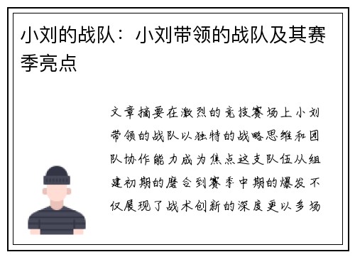 小刘的战队：小刘带领的战队及其赛季亮点